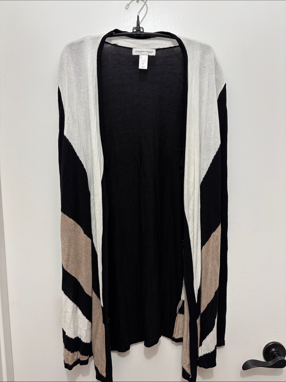 Sz M Christopher & Banks Black, Cream & Tan Open-Front Colorblock Cardigan
